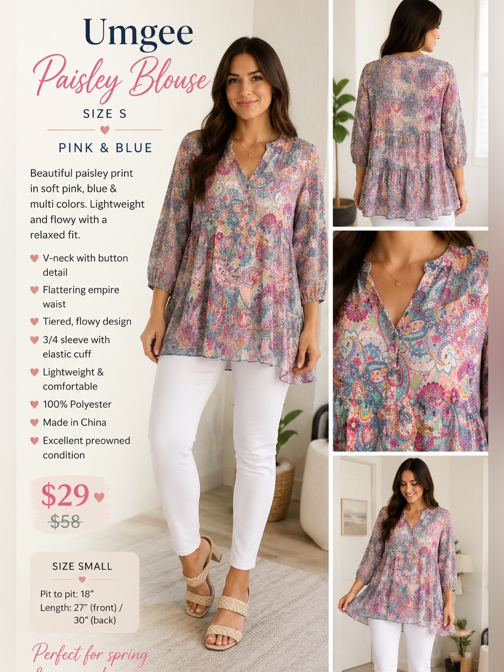 Umgee Paisley Blouse Size S Pink Blue
